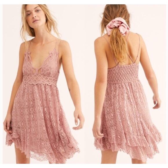Free People Adella Mini Dress Layered Pink Dusty Rose Burnout Lace Hippie Sz Sm - Picture 1 of 8